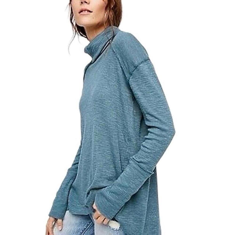 Free People We The Free Teal Split Back Turtleneck‎ Cotton Blend Sweater Sz S